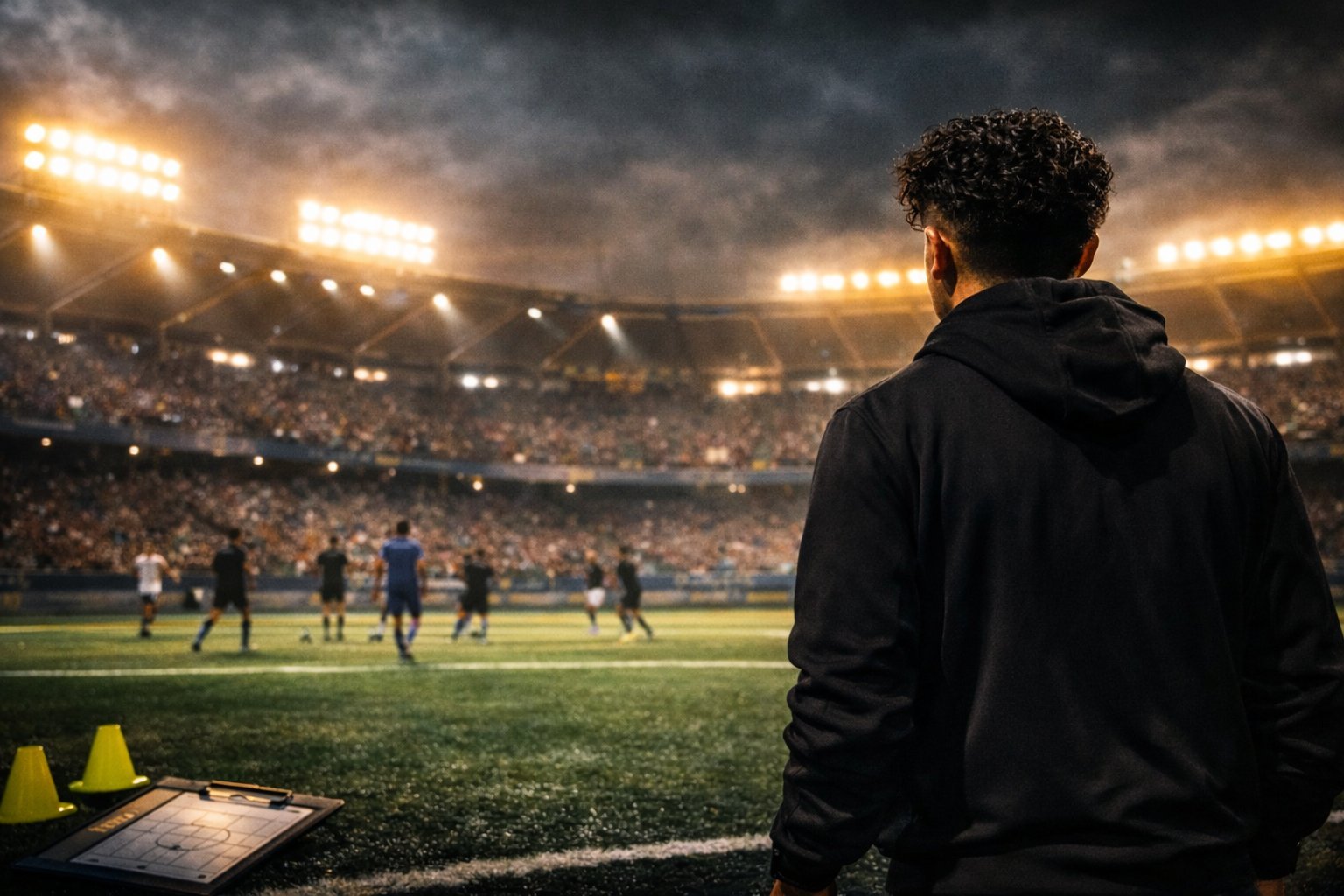 Coach in black hoodie watching soccer match from sideline in large stadium with bright lights and packed crowd